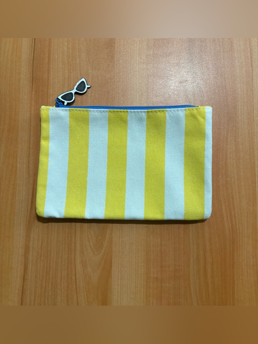 Ipsy Yellow and White Striped Cosmetic Bag with Sunglasses Charm